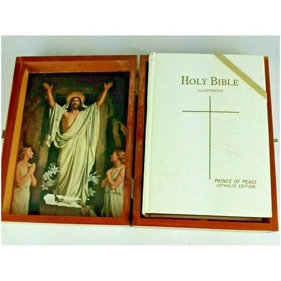 Holy Bible Book White Leather Wooden Pine Box Case - Picture 4 of 8